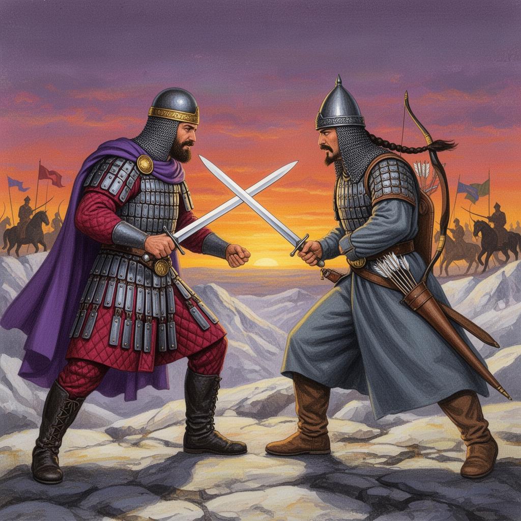 Romanos IV Diogenes and Sultan Alp Arslan locked in single combat, painted in the style of a 1980s Fighting Fantasy gamebook cover.