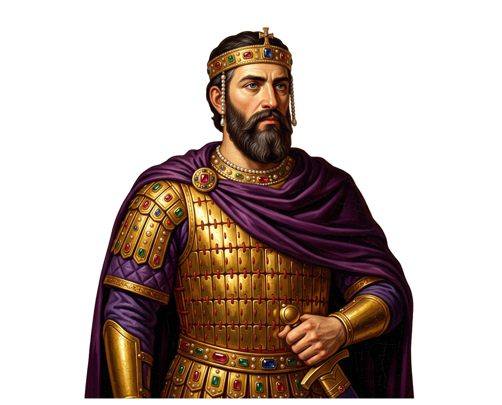 Keith Riley, portrayed as the emperor Theodore I Laskaris in Byzantine regalia — crown, purple chlamys, gold lamellar klibanion.