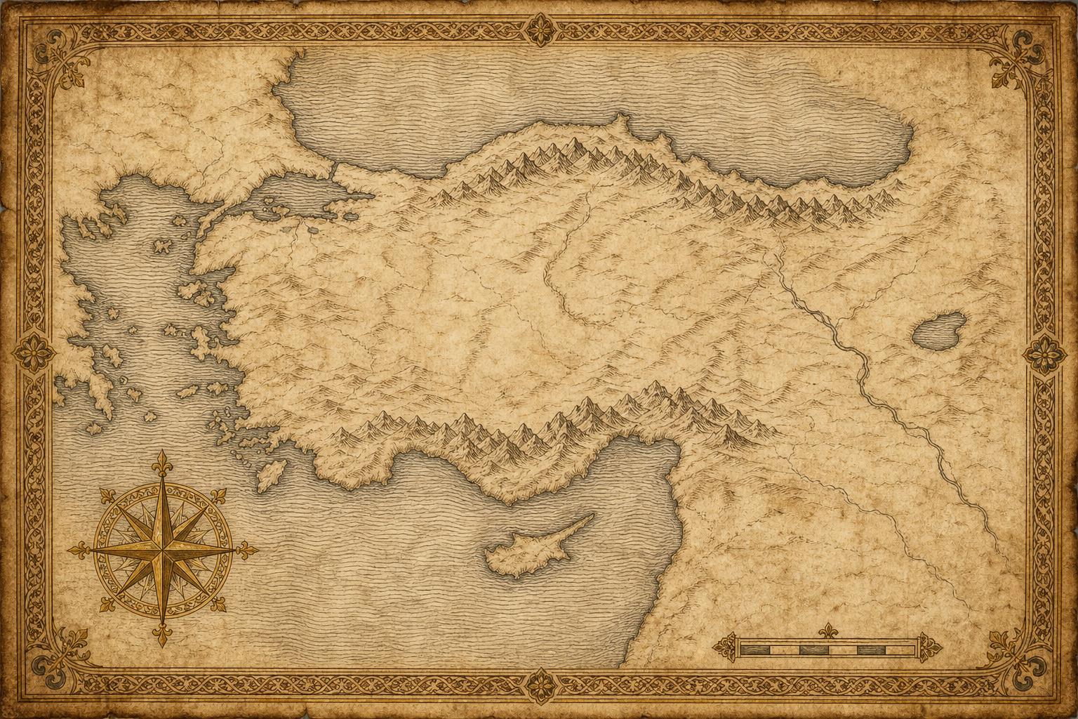 A parchment chart of Anatolia and the eastern Roman frontier.