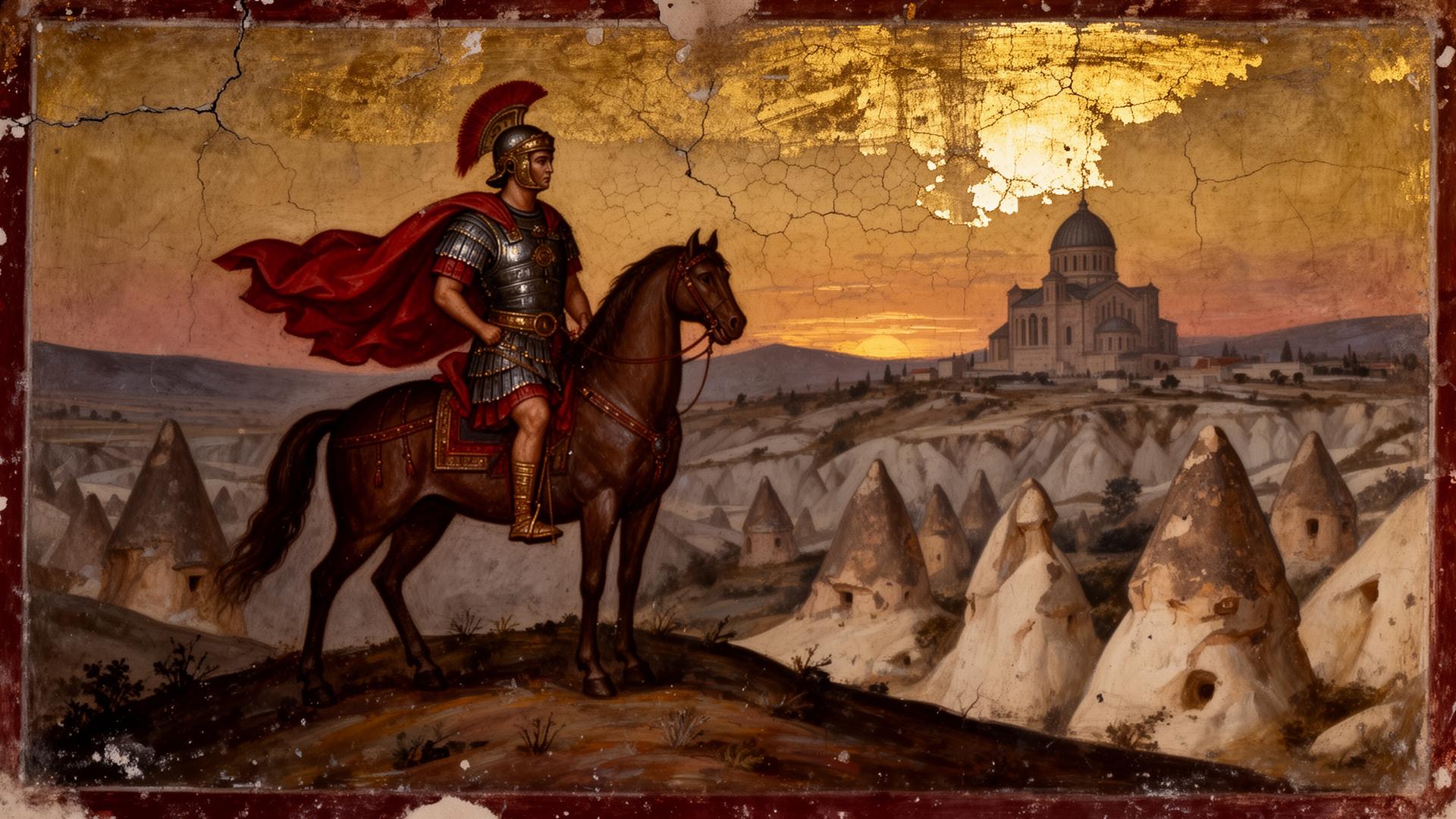 A weathered fresco of a Roman general at dusk above the Cappadocian chimneys